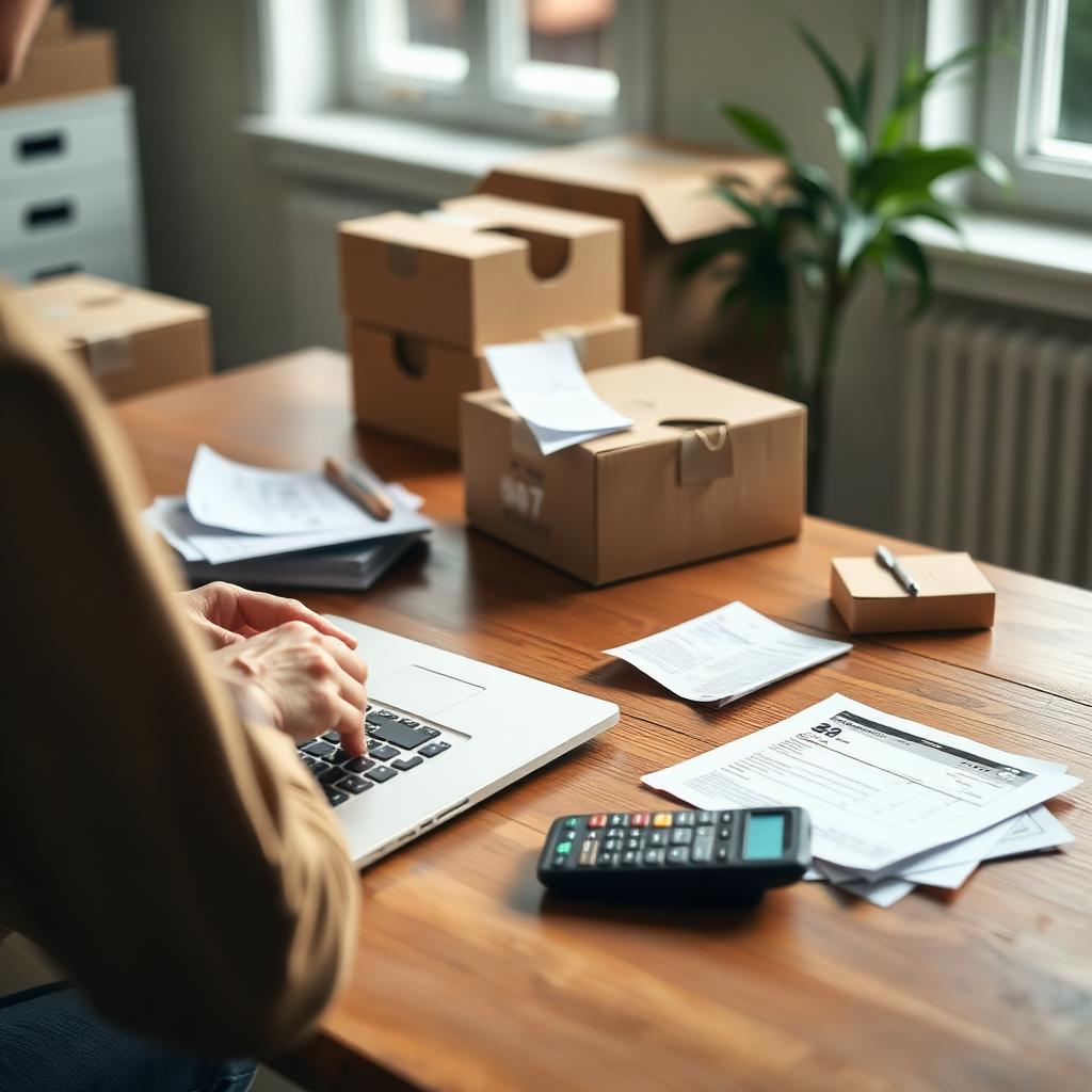 Person planning moving budget at a wooden desk with laptop and receipts