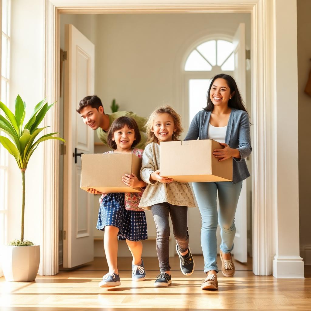 Family with children carrying boxes into a new home