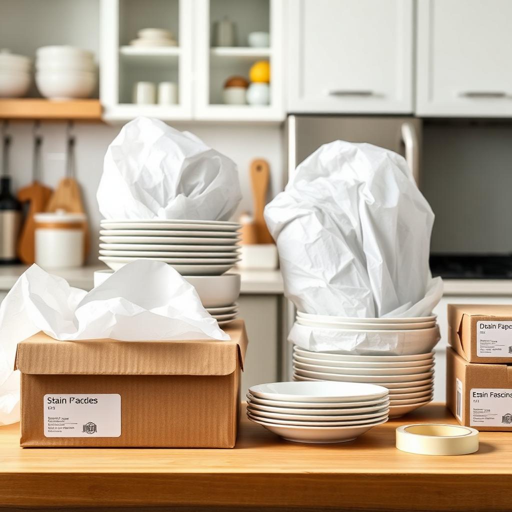 Wrapped dishes and labeled boxes prepared for a move