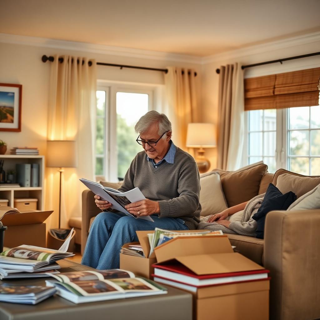 Senior man reviewing photo albums while downsizing in a warmly lit living room