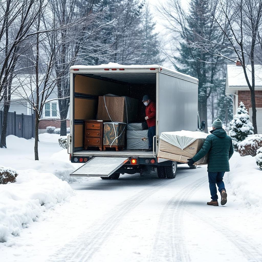 Moving truck loading furniture in a snowy Sioux Falls driveway